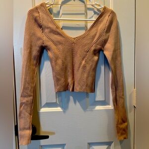 Ribbed V-Neck Long Sleeve Top